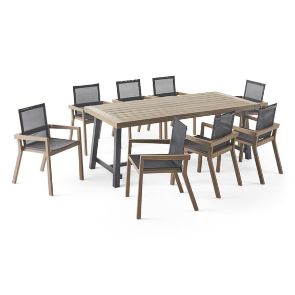 GDF Studio Claude Outdoor Mesh and Acacia Wood 9 Piece Dining Set, Gray