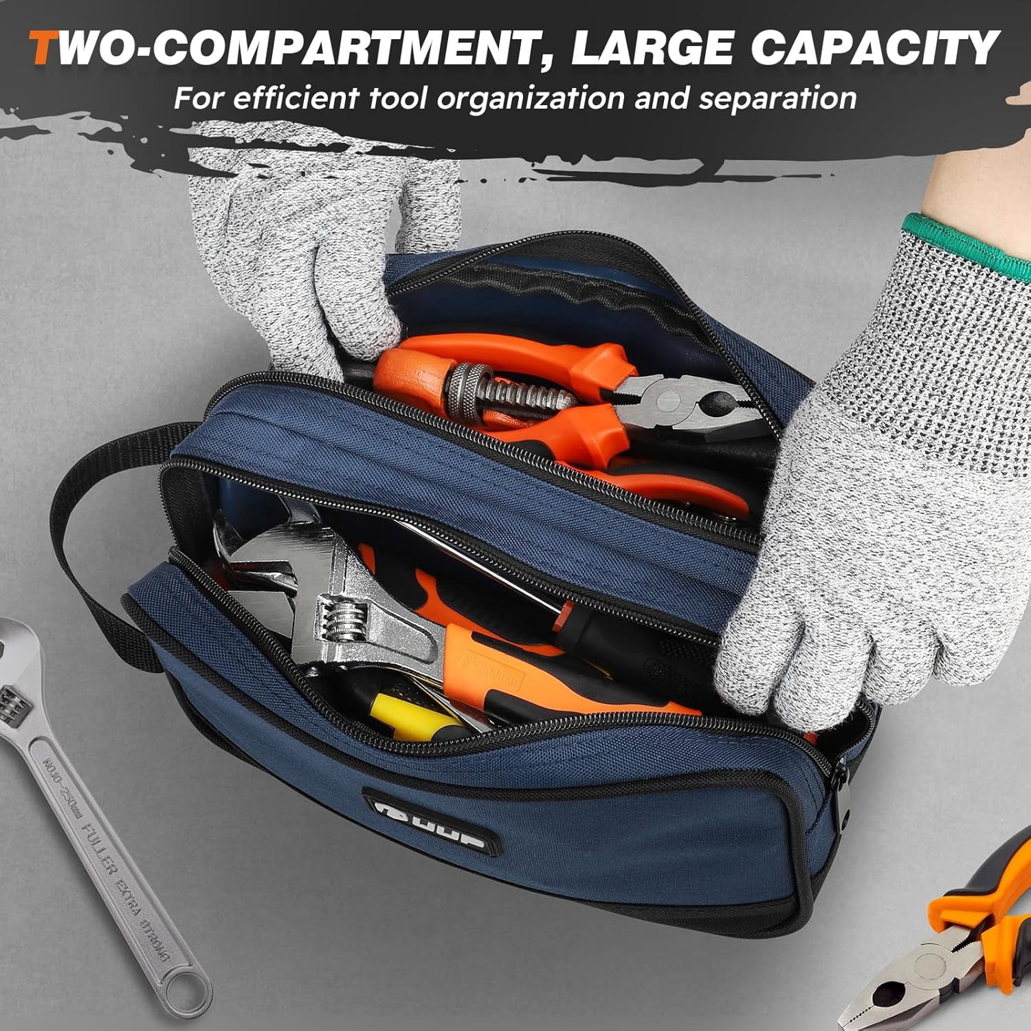 12 10" Small Tool Bag 2 Pack, Zipper Tool Pouch 2 Compartments, Utility ToolBag with Carrying Handle, Toolbox Organization, Screwdriver Storage Tool Box, Mechanic Men Dad Gifts, Orange/Green