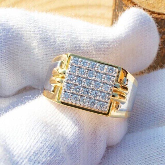 Natural Moissanite 2Ct Round Cut Men's Ring in 14K Yellow Gold Plated
