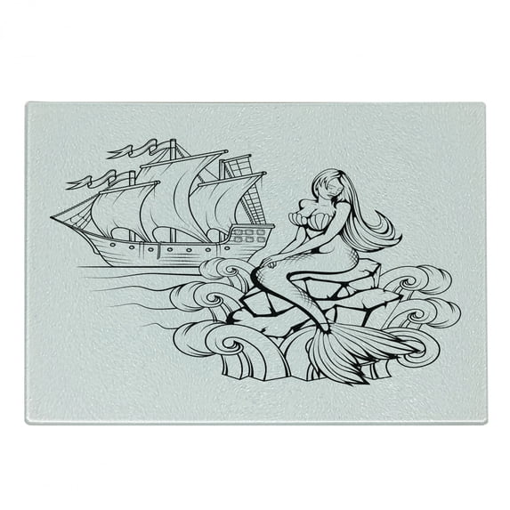 Vintage Mermaid Cutting Board, Outline Fantasy Myth Scene with Fish Woman and Big Ship Nautical, Decorative Tempered Glass Cutting and Serving Board, in 3 Sizes, by Ambesonne