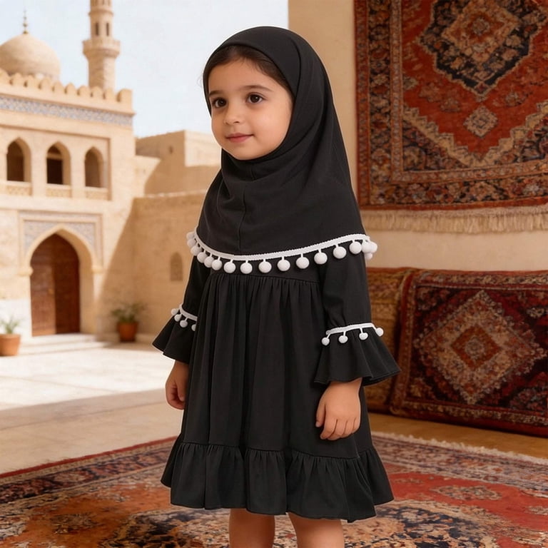 lnmuld Girls Solid Cotton 2-Piece Prayer Dress & Hijab Set with Pom Pom Trim Color:Black,Size:5-6 Years