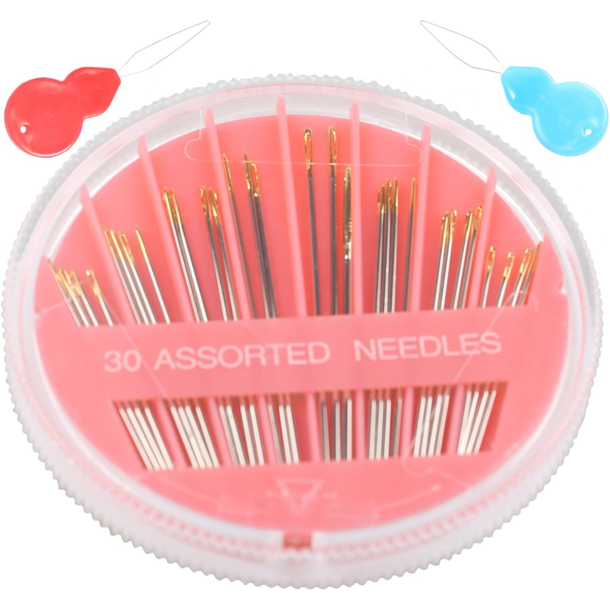 Premium Hand Sewing Needles,1 Pack 30-Count Assorted Needles for Repair 6 Different Sizes with 2 Threaders (Pink 1)