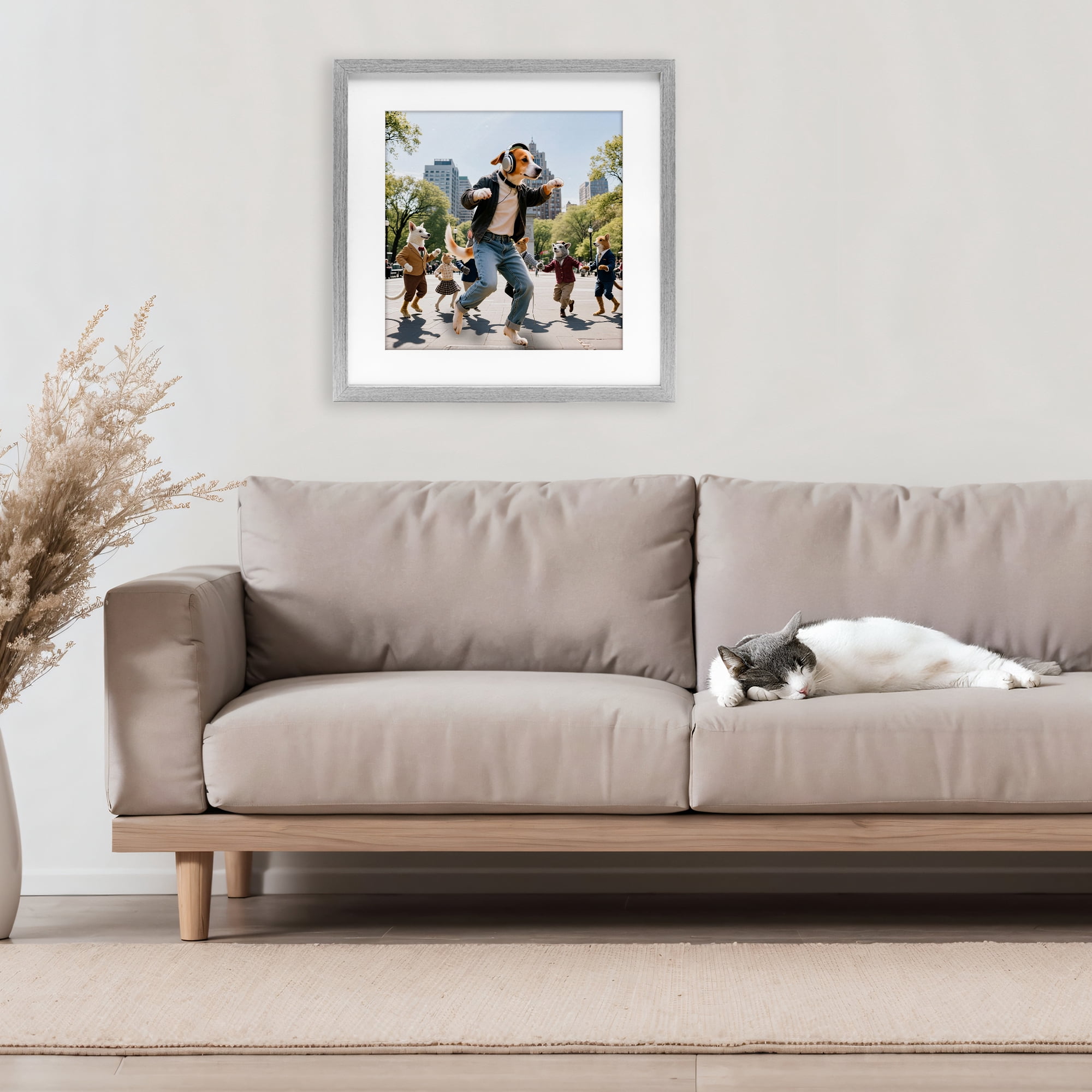 Stupell Industries Stylish Dog Dancing in Park Gray Framed Print Under Glass, design by CAD Designs