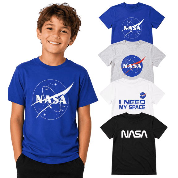 BROOKLYN VERTICAL Officially Approved NASA Product 4-Pack Boys Short Sleeve Crew Neck T-Shirt with Chest Print | Soft Cotton Sizes 6-20