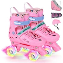 VEZLOPUS Roller Skates, Adjustable Pink Roller Skates with Light up Wheels for Girls Boys Teens, Beginner & Advance | with Protective Gears and Carry Bag