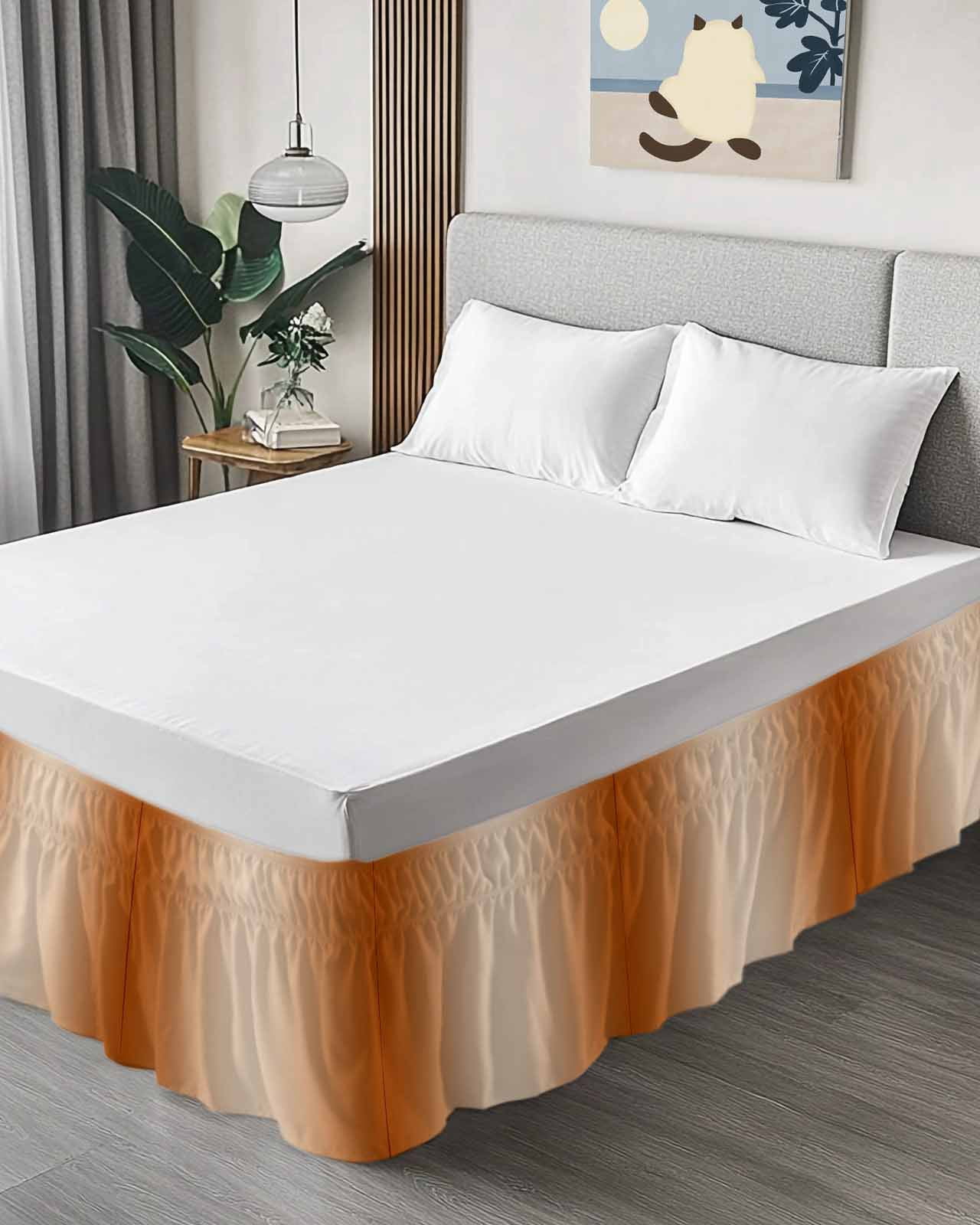 Burnt Orange Ombre Bed Skirt King Size, Modern Gradient Abstract Art Wrap Around Bed Skirting with Adjustable Elastic Strap, Dust Ruffled Pleated Bedskirts 18 Inch Drop for Bedroom King Beds