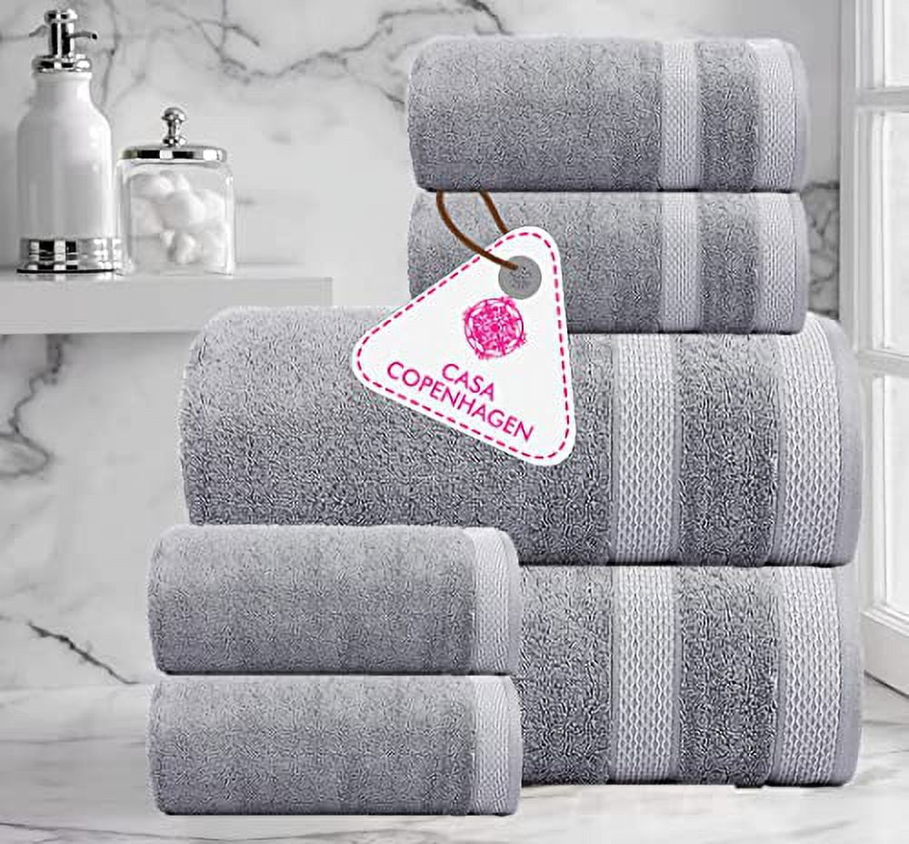 CASA COPENHAGEN Designed in Denmark 600 GSM 2 Large Bath Towels 2 Large Hand Towels 2 Washcloths, Super Soft Egyptian Cotton 6 Towels Set for Bathroom, Kitchen & Shower - Grey Violet