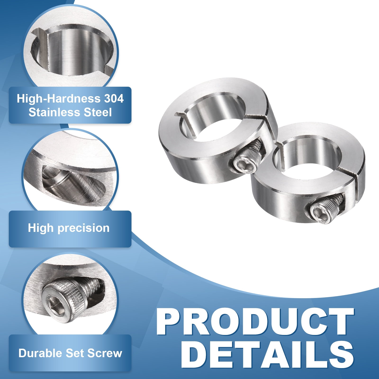 Uxcell 2Pcs Single Split Shaft Collars, 25mm Bore 304 Stainless Steel One-Piece Clamping Collar 45mm OD 15mm Thick Locking Clamp with Set Screw for Industry Machine Tools, Silver