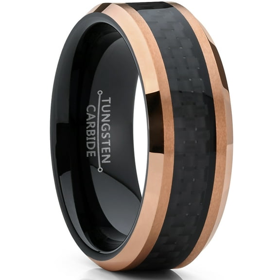 Metal Masters Mens Tungsten Carbide Black RoseTone Brushed Wedding Band Engagement Ring Carbon Fiber Inlay 8mm 7