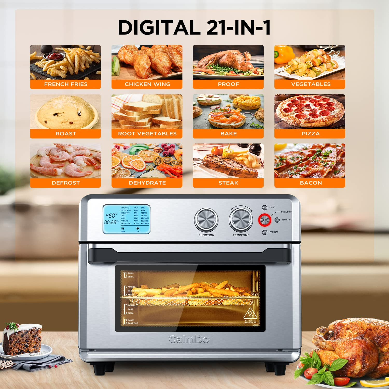 CalmDo AF25L Toaster Oven, CalmDo 26.3QT Large Air Fryer Convection Oven, Fry Oil-Free, 21 Preset Cooking Functions, Stainless Steel - image 8 of 10