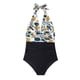 thumbnail image 1 of Traje de baño de una pieza para mujer, traje de baño fruncido con cuello en V y espalda descubierta con estampado Floral para nadar en verano, flor amarilla L, 1 of 7