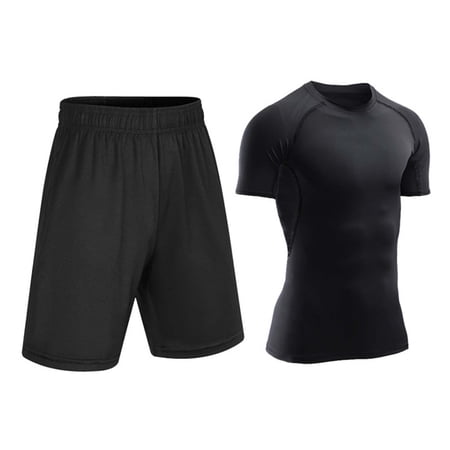 Afuyipoi Boys 2-Piece Athletic Summer Outfit (3-11 Years) Fast-Drying Compression Long Sleeve Top and Active Base Layer Pants Set For Kids Black 8/9