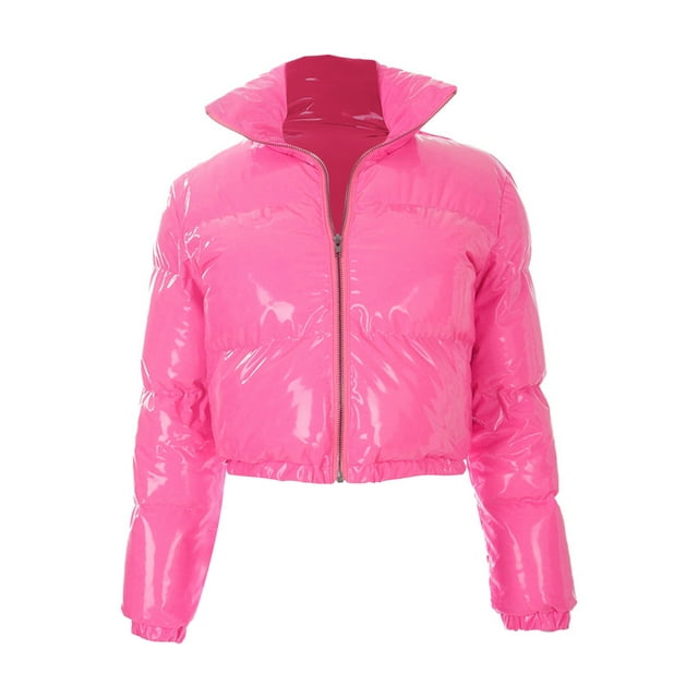 Mialoley Women Long Sleeve Stand Collar Metallic Cropped Down Puffer Jackets