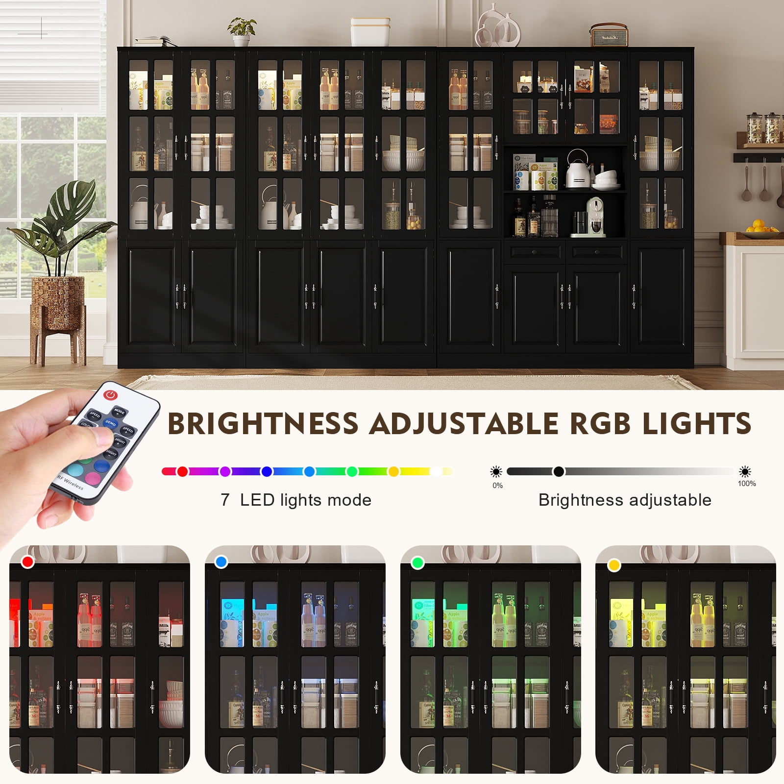 MEISSALIVVE 78.7" Kitchen Pantry Cabinet with Glass Doors & LED Lights, Freestanding Storage Hutch with Shelves, Black Pantry Cupboard, 31.5" W x 15.7" D