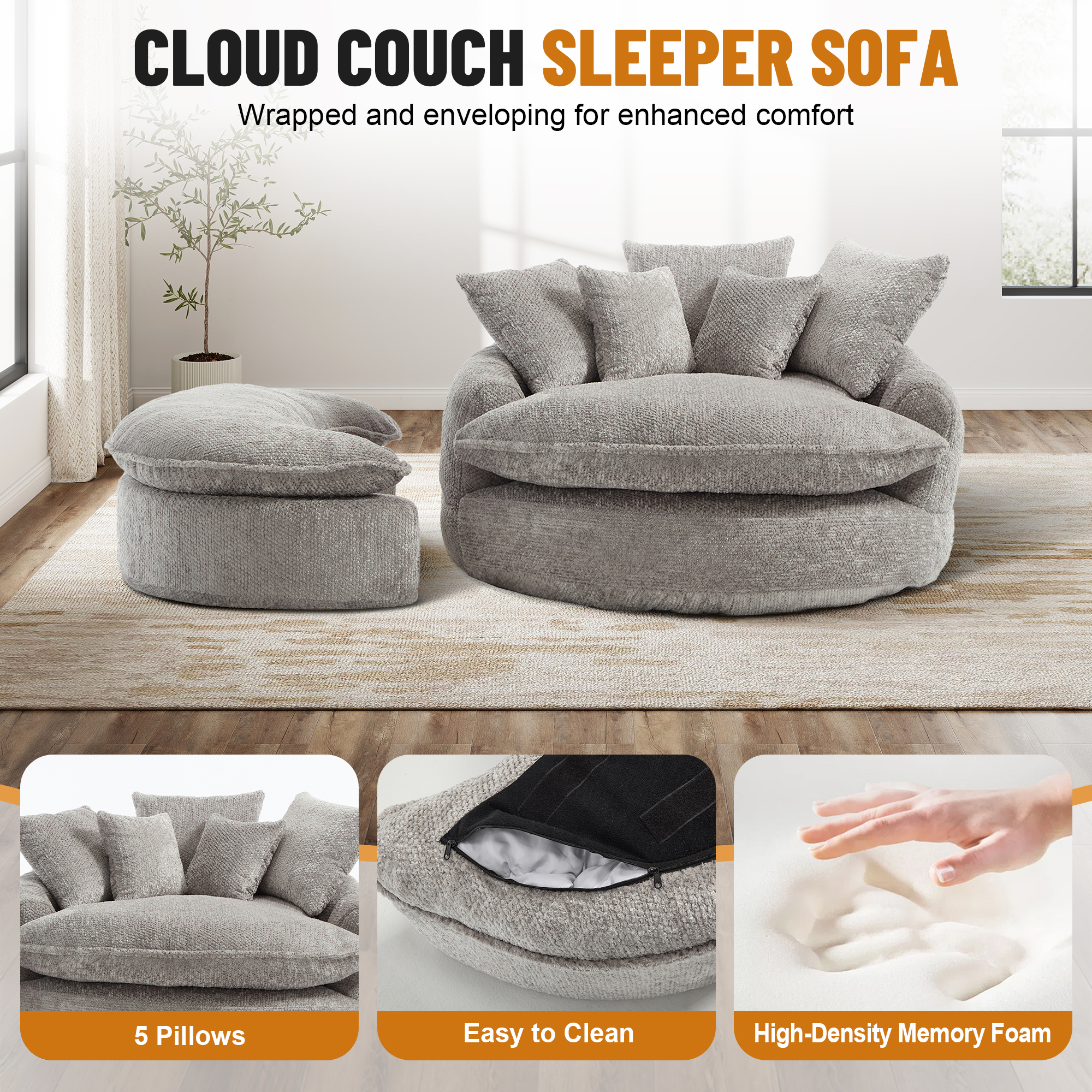 Aukfa 75" Oversized Round Chaise Lounge Chair with Half Moon Ottoman, Boneless Cloud Circle Deep Seat Sofa Set for Living Room, 5 Pillows, No Assembly Required, Light Gray