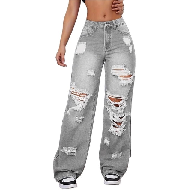 Pantalones vaqueros rasgados de talle alto y pierna ancha Y2K holgados for novio, pantalones versátiles de mezclilla desgastados