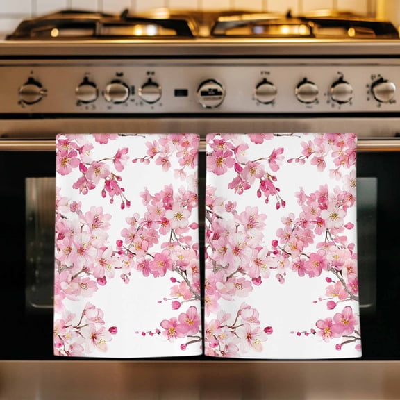 Spring Peach Flowers Kitchen Towels Set of 1, Pink Botanical Floral Leaves Branch Absorbent Dish Towels for Kitchen, Microfiber Hand Towel, Quick Drying Tea Towel for Cleaning Decorative Dishcloths
