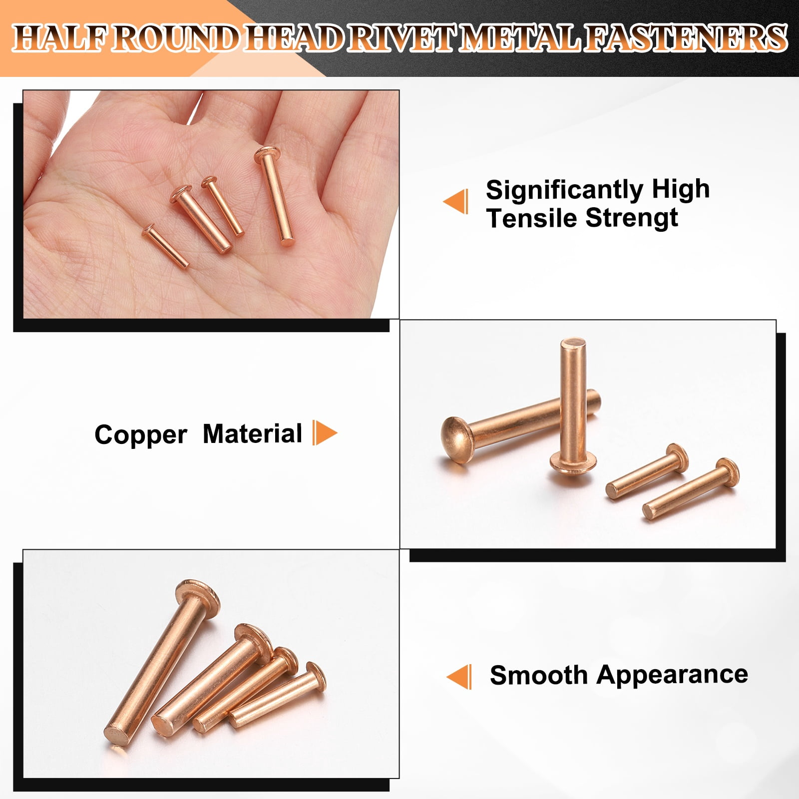 200 Pcs Copper Solid Rivets, 0.12"x0.55" Half Round Head Rivet Metal Fasteners for Electrical Applications, Leather DIY Craft Supplies (M3x14)