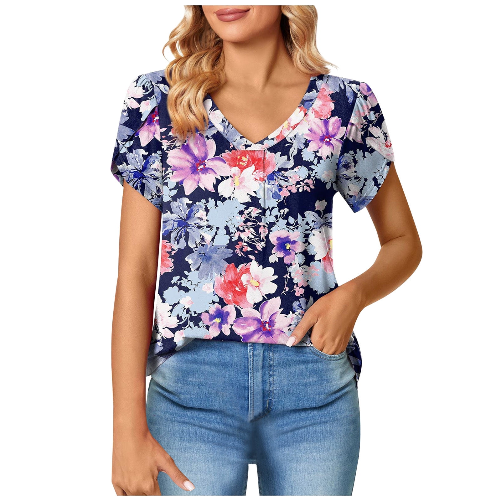 Women's Daily Wear Tops Petal Sleeve Short Sleeve V Neck Summer Paisley Tee Printed Vintage