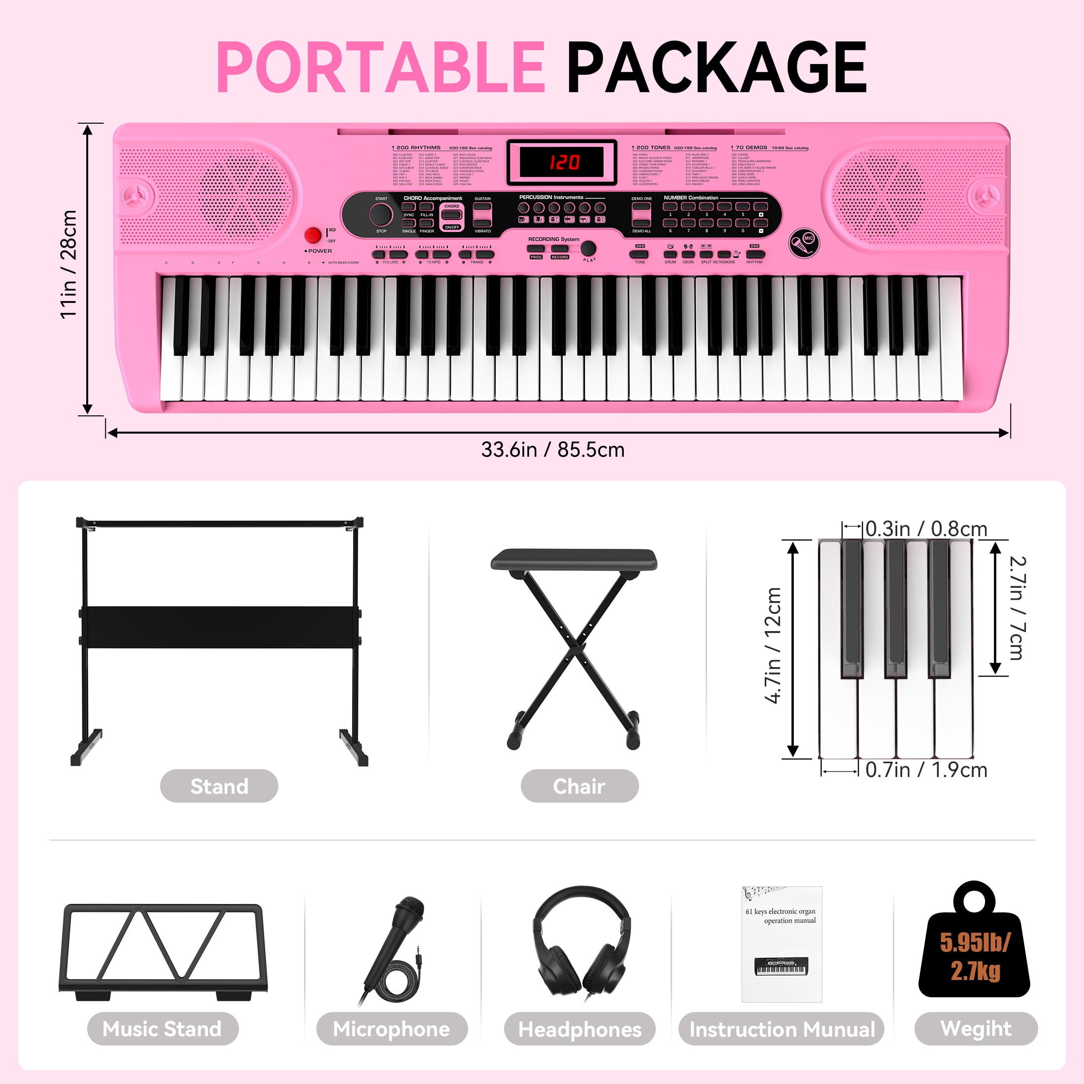 Fenbeli 61-Key Piano Keyboard with Lighted Keys, Stand, Bench, Microphone, Headphone, Electronic Keyboard Piano Set, Pink