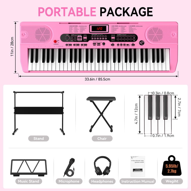 Redsmile 61-Key Piano Keyboard with Lighted Keys, Pink photo 7
