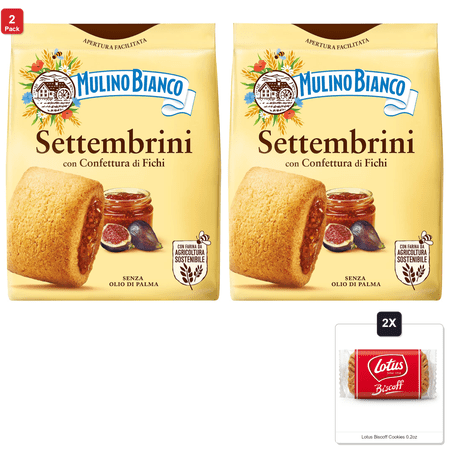 2 Pack | Mulino Bianco Settembrini 10.58Oz (300G) – Authentic Italian Biscuits With Fig Filling – Perfect Snack Or Coffee Companion – Made With Natural Ingredients & 2x Lotus Biscoff Cookies 0.2oz