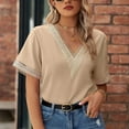 thumbnail image 5 of safuny Women's Trendy Loose Basic Tops Solid Tops Short Sleeve Tees V Neck Shirts Elegant Lace Splicing Vintage Clothing Fashion Summer Beige L, 5 of 8