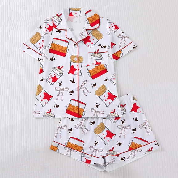 Uaswgudfs Women's Short Sleeve Print Pajama Set Turn - down Collar, Casual Loungewear for Women