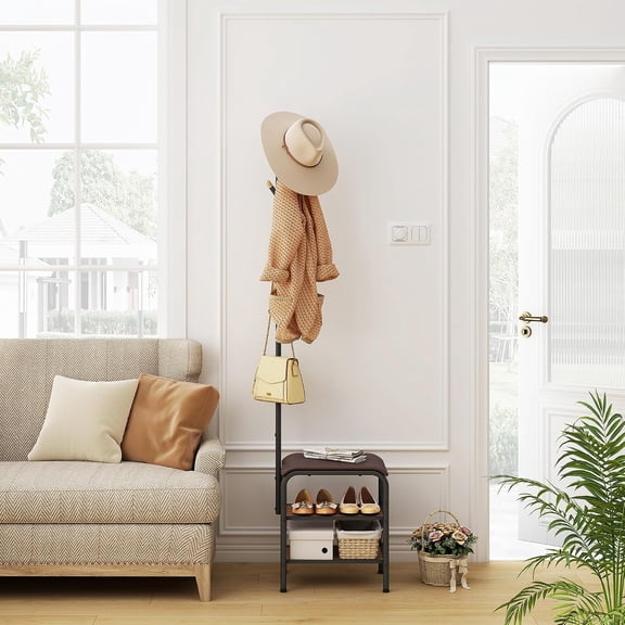 Coat Rack Stand Shoe Bench - 3 in 1 Coat Hall Tree with Shoe Storage With Benches Small Metal Shoes Shelf for Entryway Living Room Bedroom Hallway