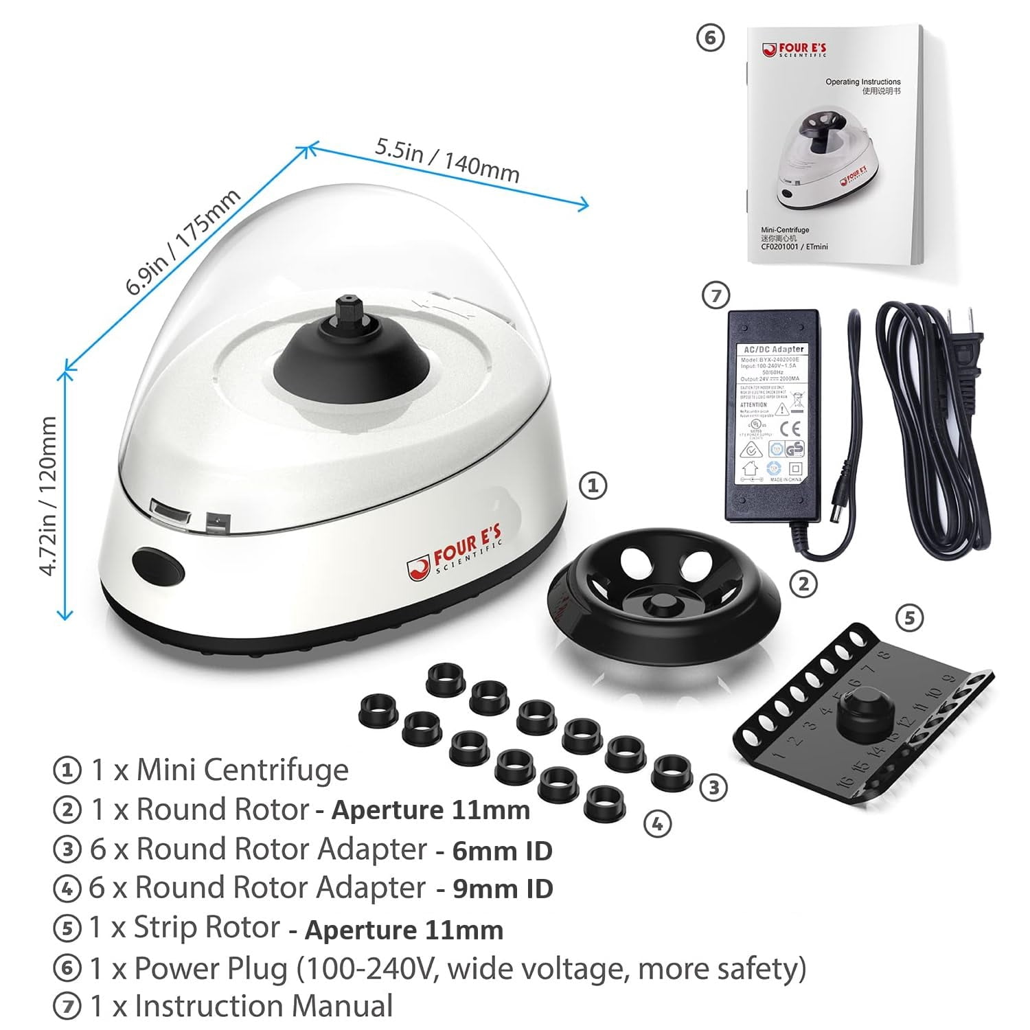 Mini Centrifuge 5400rpm, 2000 x g RCF with 2 Interchangeable Rotors for 0.2/0.5/1.5/2mL Tube Capacity