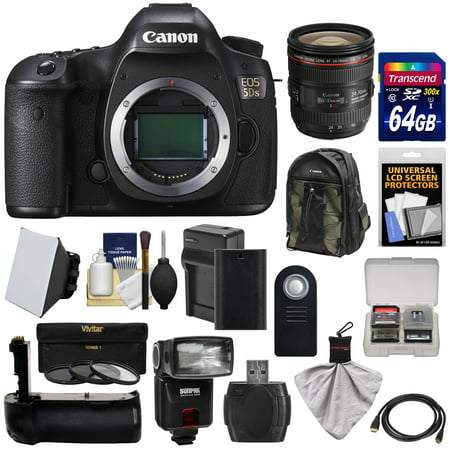 Canon EOS 5DS Digital SLR Camera Body with 24-70mm f/4L IS Lens + 64GB Card + Battery & Charger + Backpack + Grip + Flash + Kit