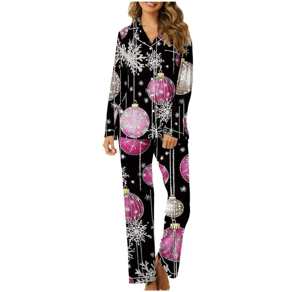 Christmas Pajama Sets for Women 2 Piece Printed Button Down Lapel Shirt Wide Leg Pants Outfits Fall Pjs Suits (Multicolor S)