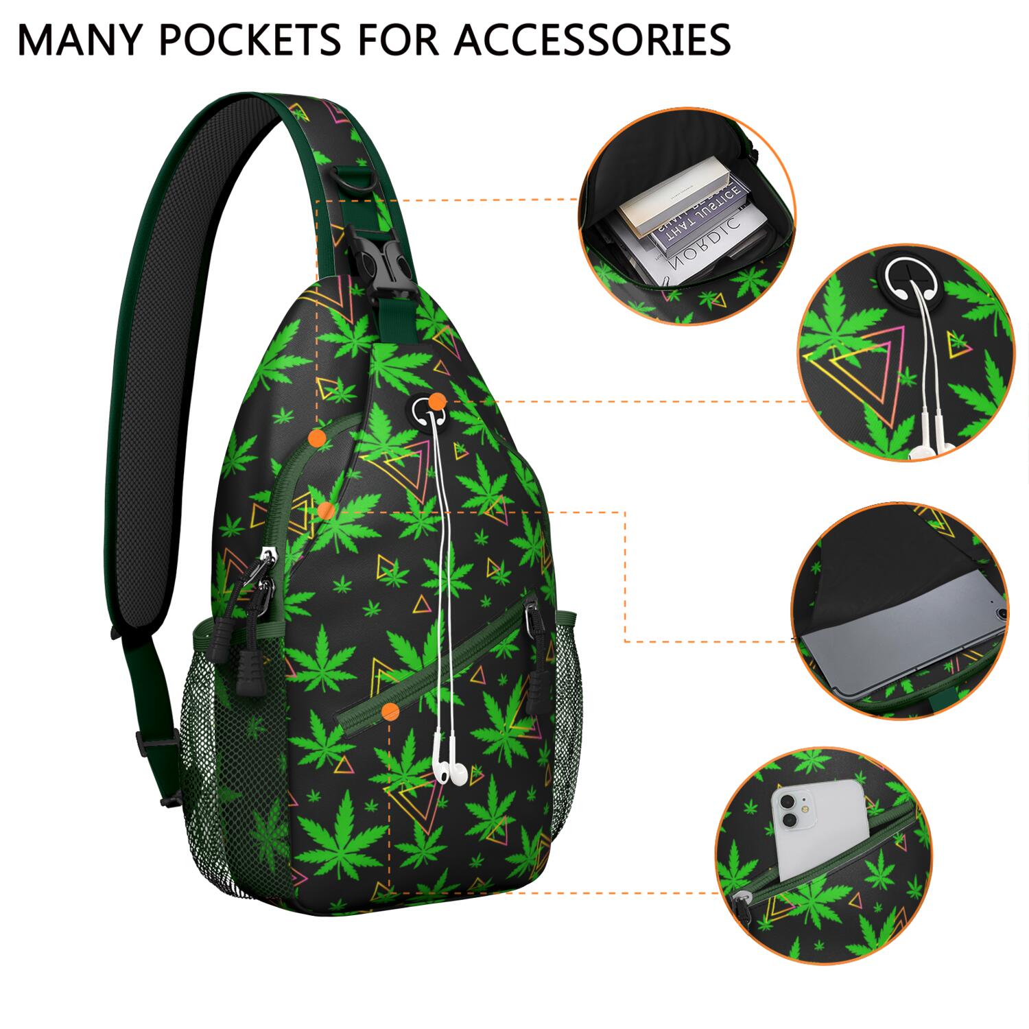 Colorful Weed Sling Bag for Men & Women - Durable Chest Bag with Secure Zippers for Biking & Urban Use - Hemp Leaf & Marijuana Leaf Aesthetic