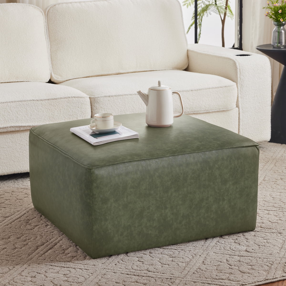Upholstered Square PU Leather Ottoman, Green