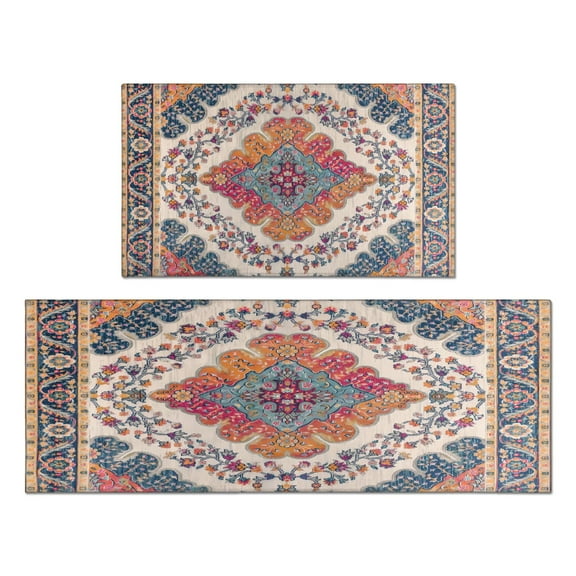 Kitchen Rugs and Mats Non Skid Washable Bohemian Pink Purple Ethnic Vintage Pattern Carpet Kitchen Mat and Rug Set,Floor Cushion Waterproof Rug,Rubber Backed Area Rugs for Kitchen Laundry