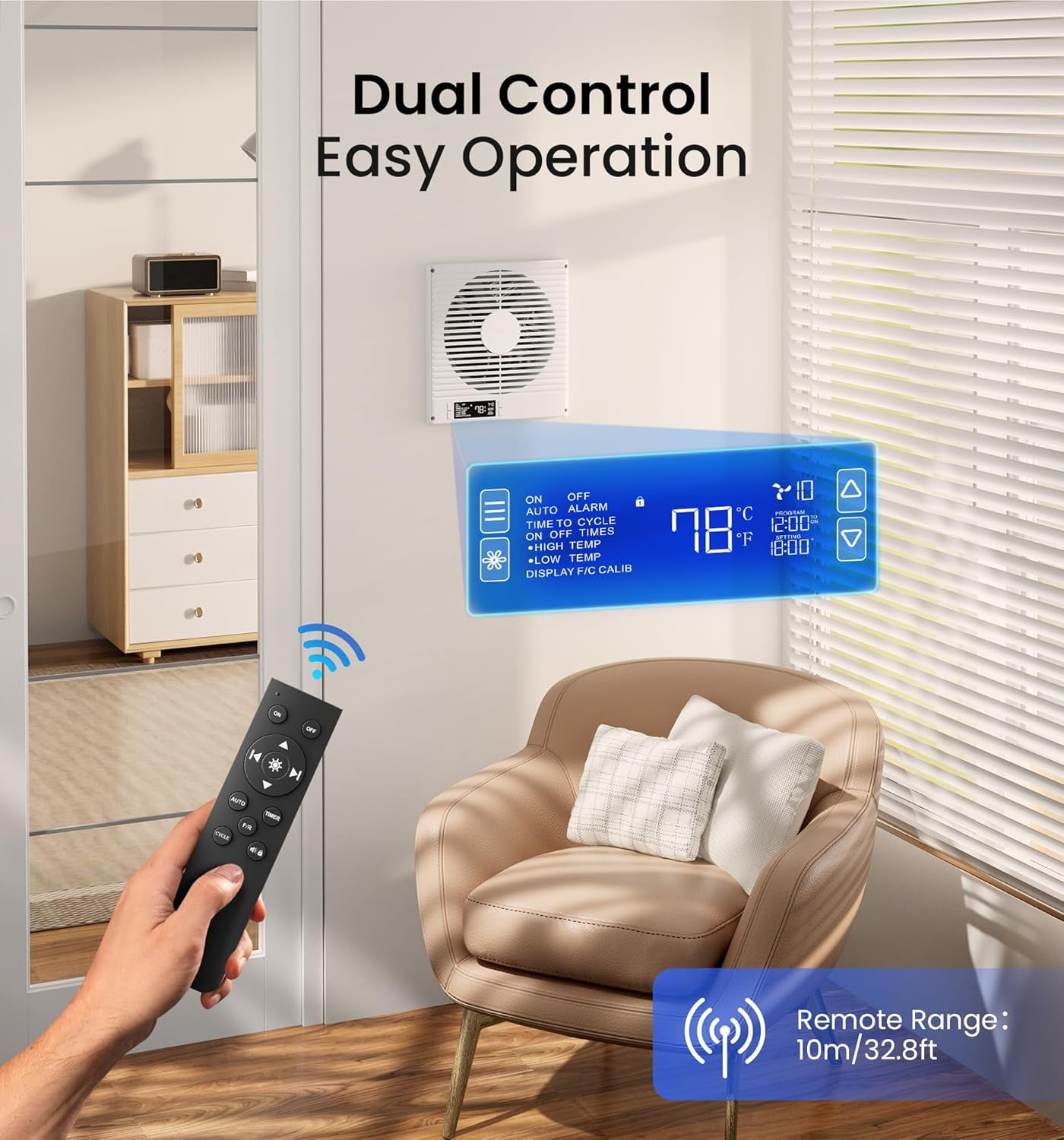KOVIET 8 inch Room to Room Ventilation Fan with Remote, Quiet Reversible Through the Wall Air Transfer Fan, 10-Speed Smart Exhaust Vent, Temperature Control, ETL Certified for Bedroom, Kitchen, Laund