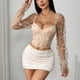 thumbnail image 4 of Top de moda para mujer con bordado de malla de retazos, top de manga larga de corte bajo, top de poliéster para mujer, 4 of 6