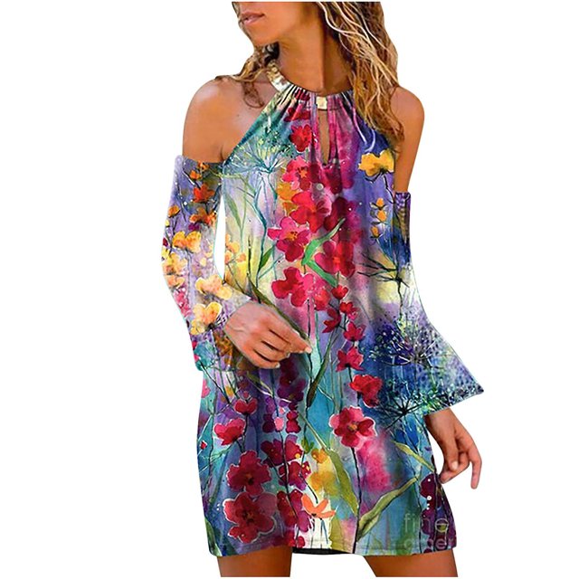 Vestido casual de manga larga con estampado floral HUOGUO para mujer