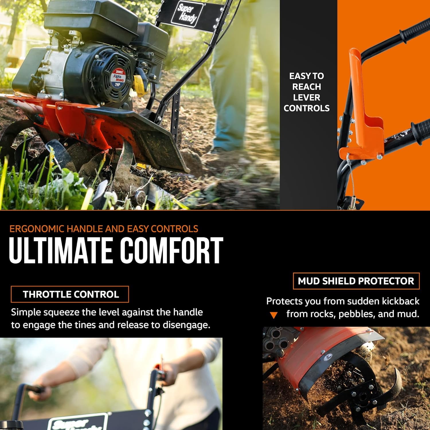 SuperHandy Mini Powered Cultivator - Ground Hand Tiller with Tine Shield, Single Power Tillers