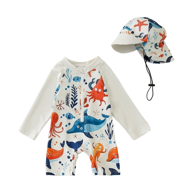 Akiihool Boys Patterned Swim Trunks Boys Long Sleeve Rash Guard Swimsuit Kids 2-Pieces Bathing Suits Set (White,2-3 Years)
