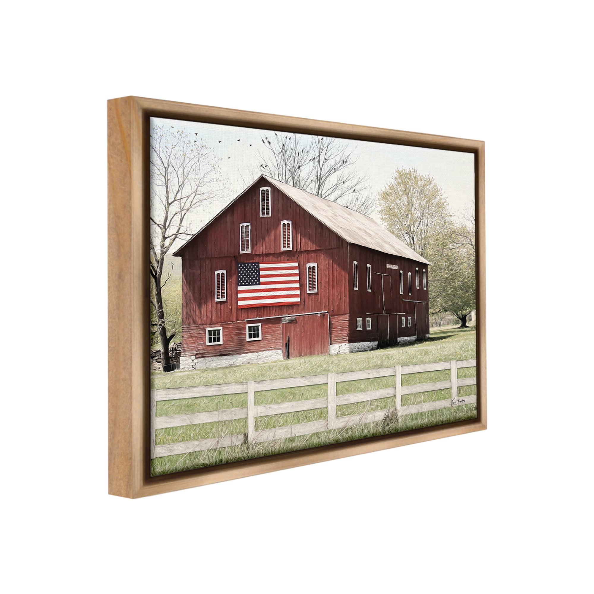 Stupell Industries Patriotic Barn Flag Landscape Painting Brown Floater Framed Canvas Art Print Wall Art, 31 x 25