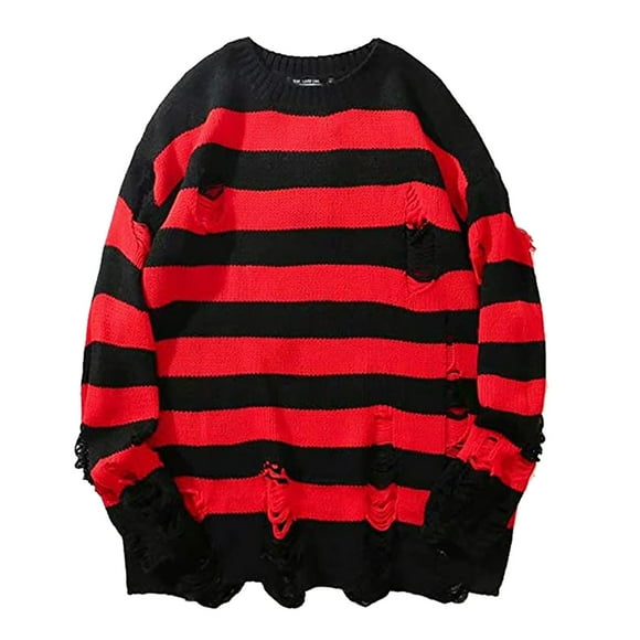 TSADFHJI Mens Shirts Long Sleeve Casual Denim Fall Men's Top Japanese Loose Lazy Trend Knit Bottom Hole Men's Sweater L Red