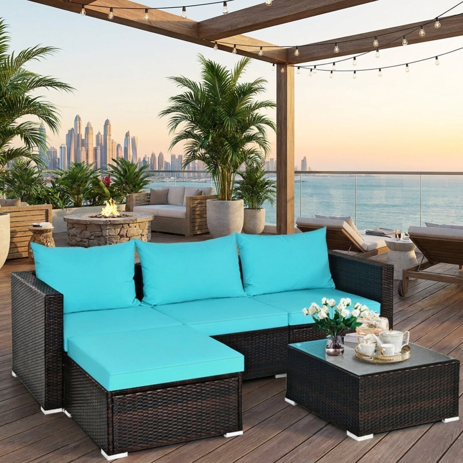 Biotree Patio Furniture Set 5 Pieces Rattan Outdoor Sectional Conversation Set with Ottoman and Coffee Table for Garden Backyard Porch, Turquoise