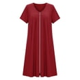 thumbnail image 4 of Yeaiivve Zip Front Nightgowns for Women Short Sleeve Scoop Neck Bathrobes Lightweight Knee Length Housecoat with Pockets Red,S, 4 of 6