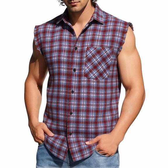 Mens Plaid Muscle Cut Off Tank Top Sleeveless Button Down Shirt Distressed Frayed Edge Checkered Tops Retro Casual Summer Beach Vacation Cardigan Shirts with Pocket