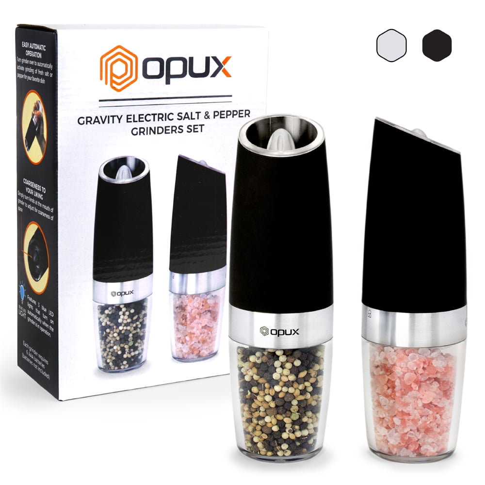 Premium Electric Gravity Style Salt And Pepper Grinder Set with Blue LED  Light by OPUX  Battery Powered Shakers, Automatic Single Hand Operation,  Adjustable Coarseness, Set of 2 Mills 