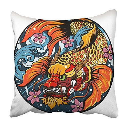 BSDHOME Black Tattoo Koi Fish in Circle Japanese Carp Line Drawing Coloring  Book Red Pillowcase Cushion Cover 20x20 inch 