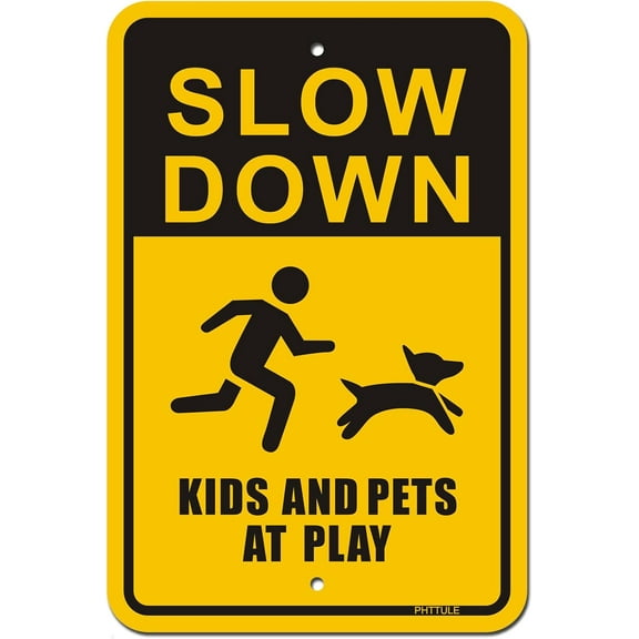 Slow Down Kids and Pets at Play Signs, 18" x 12" Reflective Metal Safety Sign for Neighborhood Driveway or Yard, 40Mil Rust Free Aluminum Weather Resistant Waterproof
