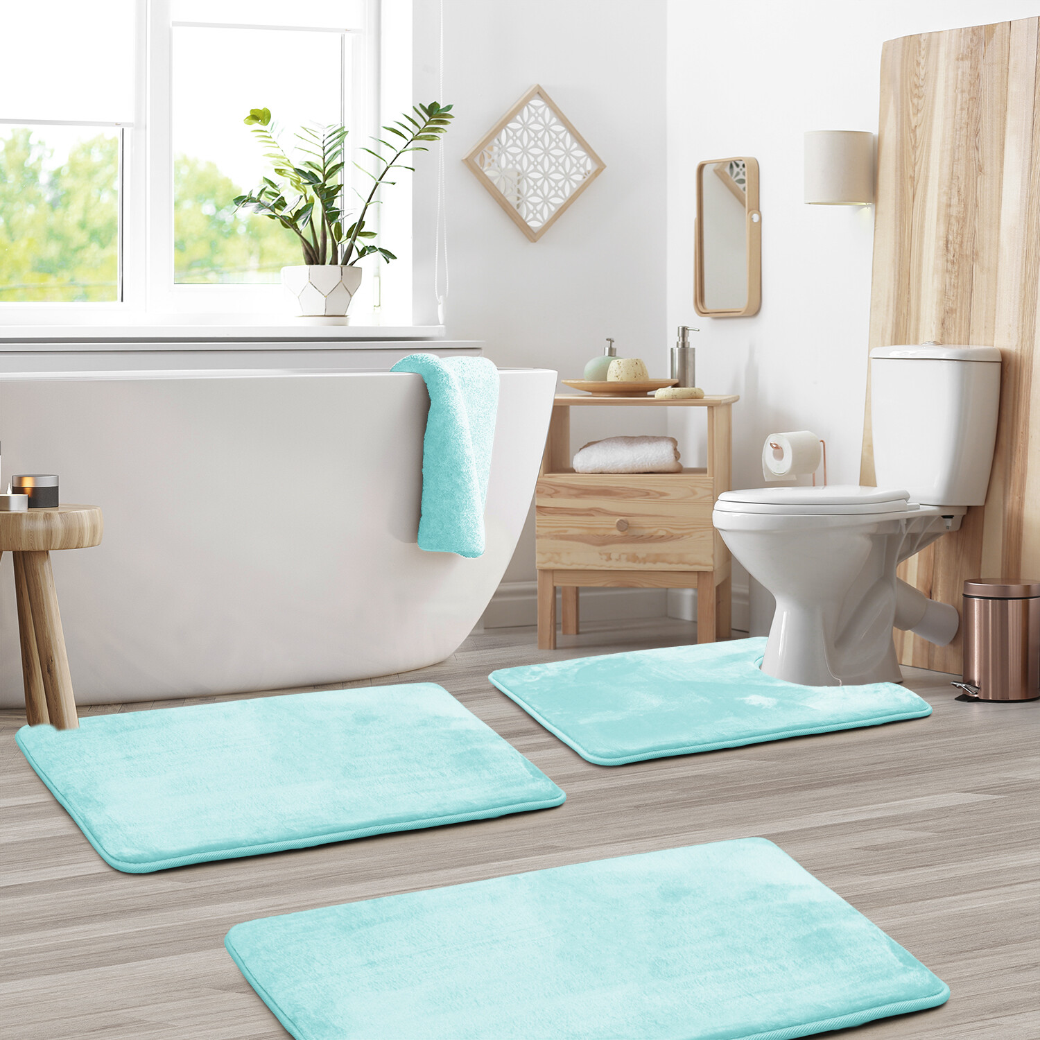 SSyao 3PC Bathroom Rug Memory Foam Bath Mat Set - Small Large and Contour Bath Rugs,Aqua Blue