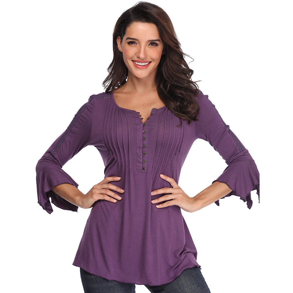 Jo.Hannah Womens Peasant Henley Shirts Casual Tee 3/4 Sleeve Button up